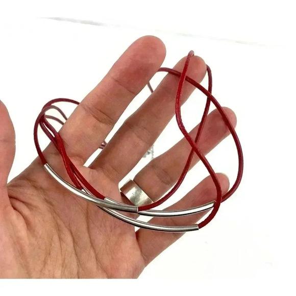 Dark Red Layered Leather Strands Necklace With Metal Accent 15" Layered - Picture 3 of 6